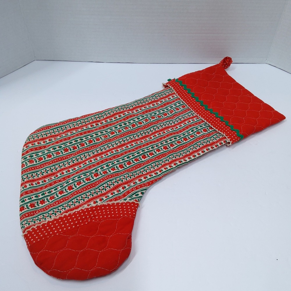 Vintage Handmade Christmas Print Stocking Quilted Fabric, Ric Rac
